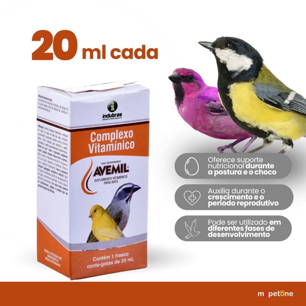 Avemil Complexo Vitamínico 20ml Indubras Suplemento Para Pássaros