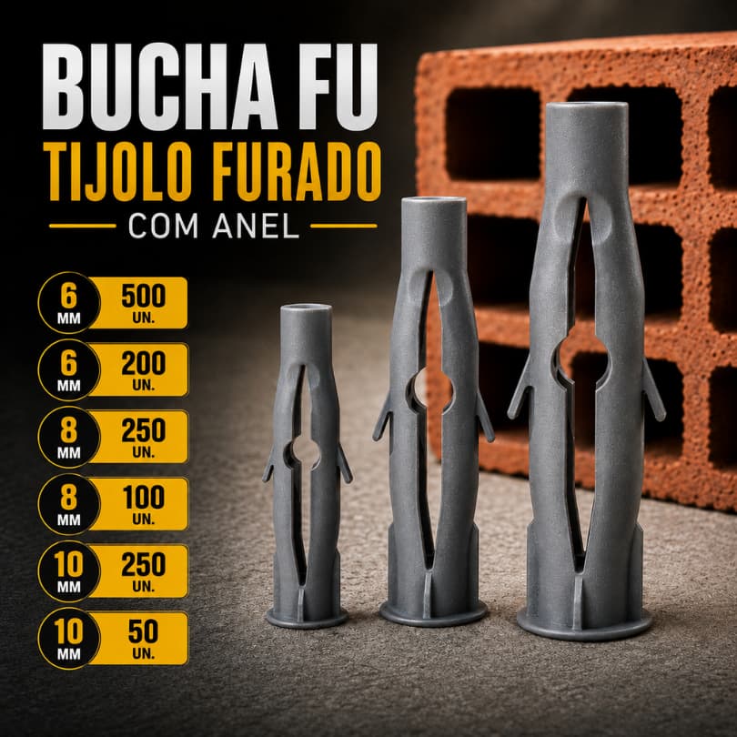 Buchas FU 6mm 8mm 10mm Plásticas Para Tijolo Furado Alta Fixação e Resistência Alvenaria 500, 250, 200, 100 ou 50 unid.