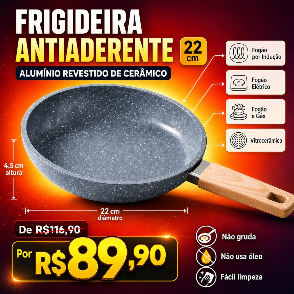 Frigideira Antiaderente 22cm Cinza Cabo Efeito Madeira Omelete Frituras Uso Diário Cozinha Indução
