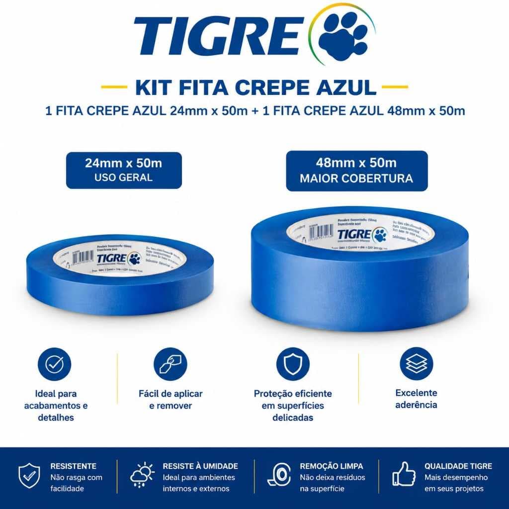 Kit e Unitário - Fita Crepe Azul Tigre 24x50m | 48x50m para Interno e Externo ANTI-UV - Resistente ao sol e chuva