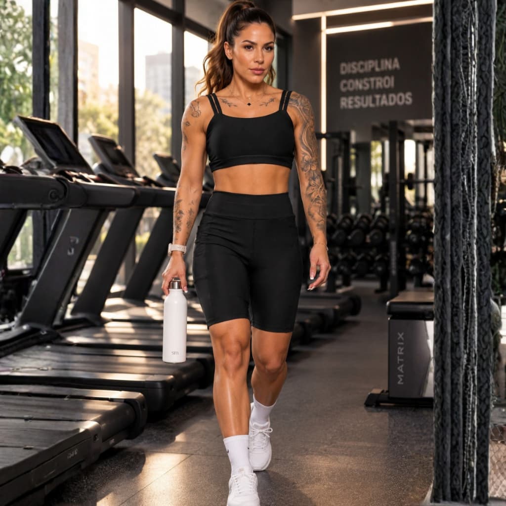 Conjunto Feminino Short Legging Com Bolso +Top De Alça Dupla Crossfit e Corrida Academia