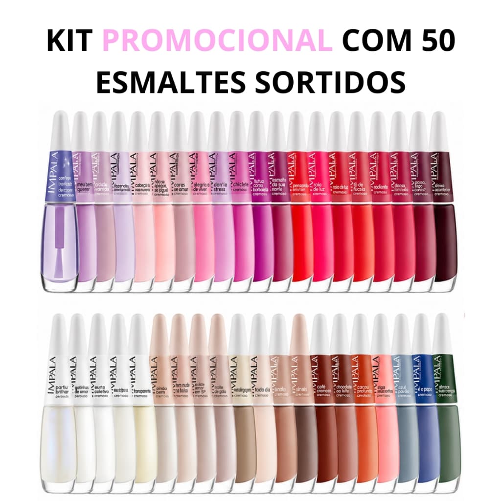 Kit 50 Esmaltes Impala CORES SORTIDAS Atacado Manicure Pedicure Diversas Coleções Tratamento Base