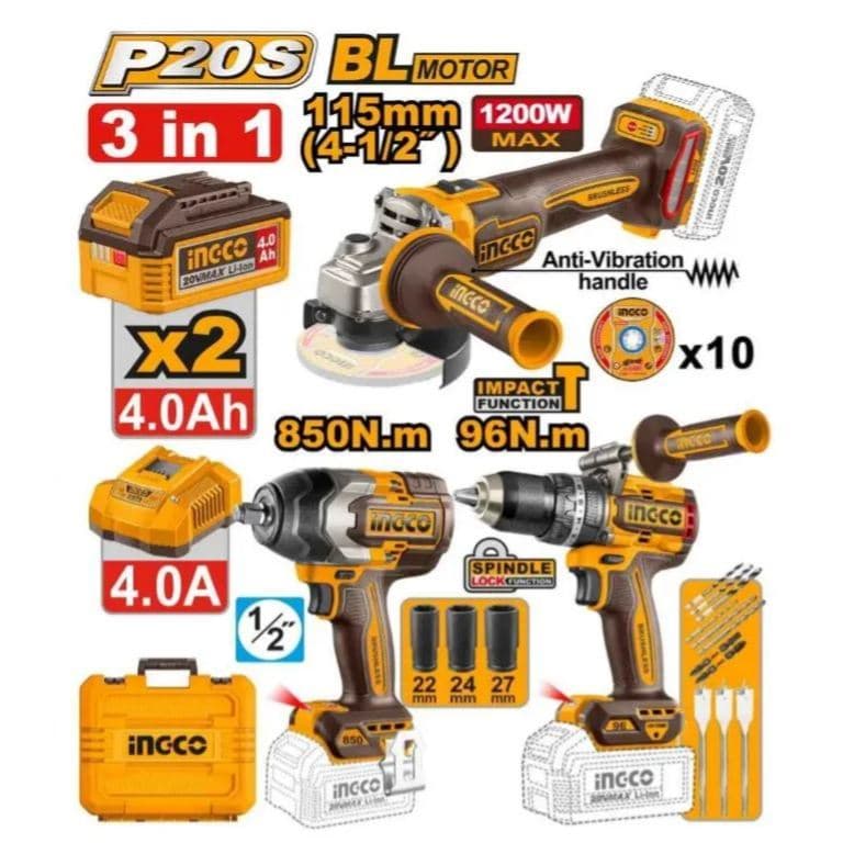 Combo INGCO 20V linha profissional P20S composto por parafusadeira/furadeira de impacto brushless 96Nm, chave de impacto