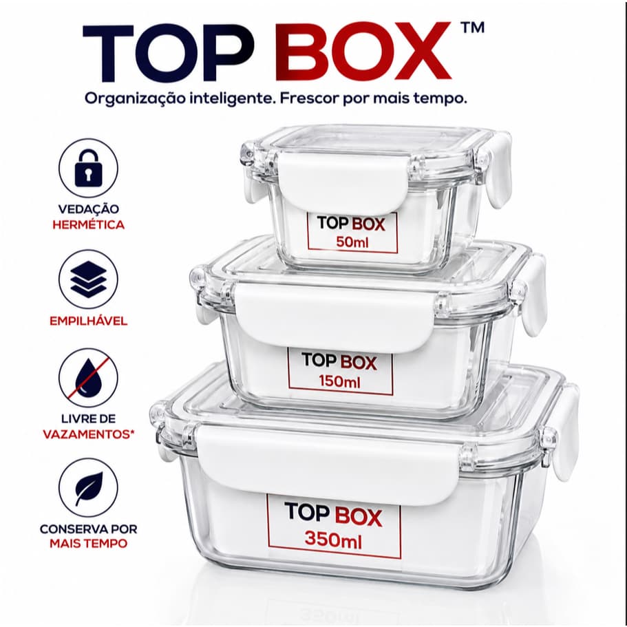 TOP BOX Kit 3 Potes Herméticos Retangulares com Tampa Organizadores para Cozinha 50ml 150ml 350ml