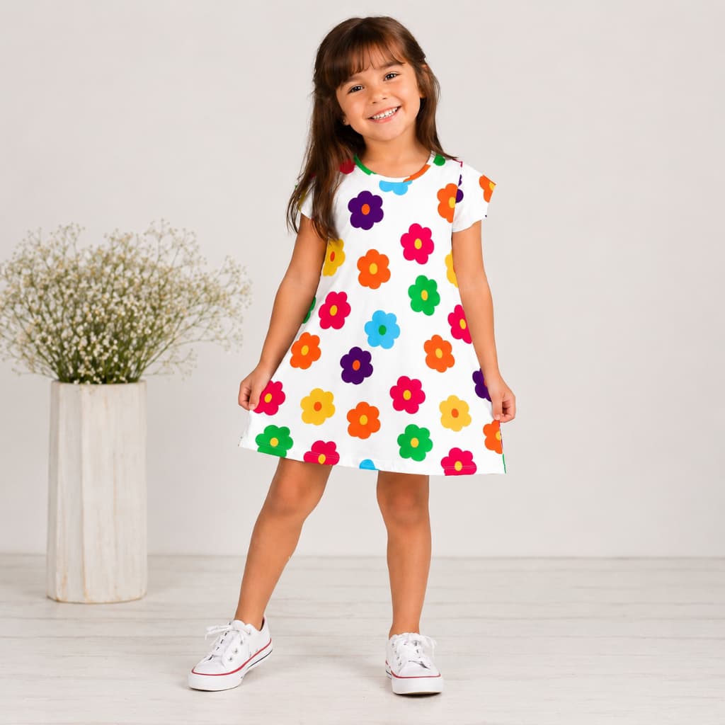 Vestido Infantil Menina Manga Curta Borboleta Estampa Floral Branco Decote Redondo