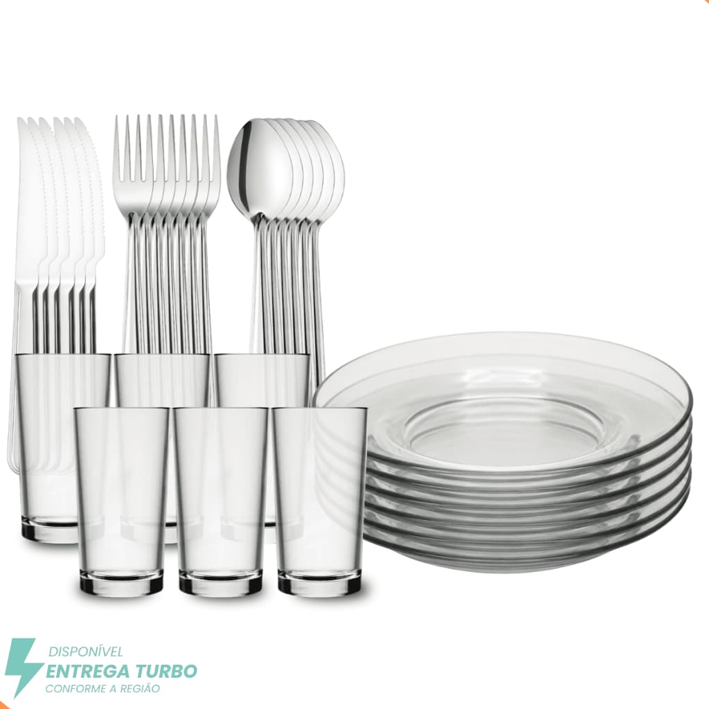 Aparelho de Jantar 30 Peças - Pratos, Copos e Talheres Inox - Almoço e Jantar
