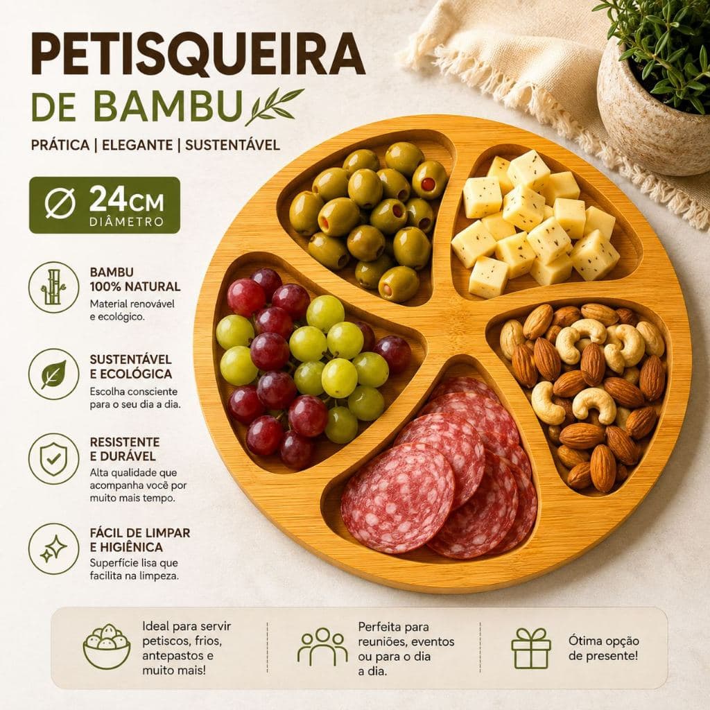 Tabua De Frios Petisqueira Tipo Bambu MDF Servir Porções Petiscos Pão Luxo Ceia Natal Decoração