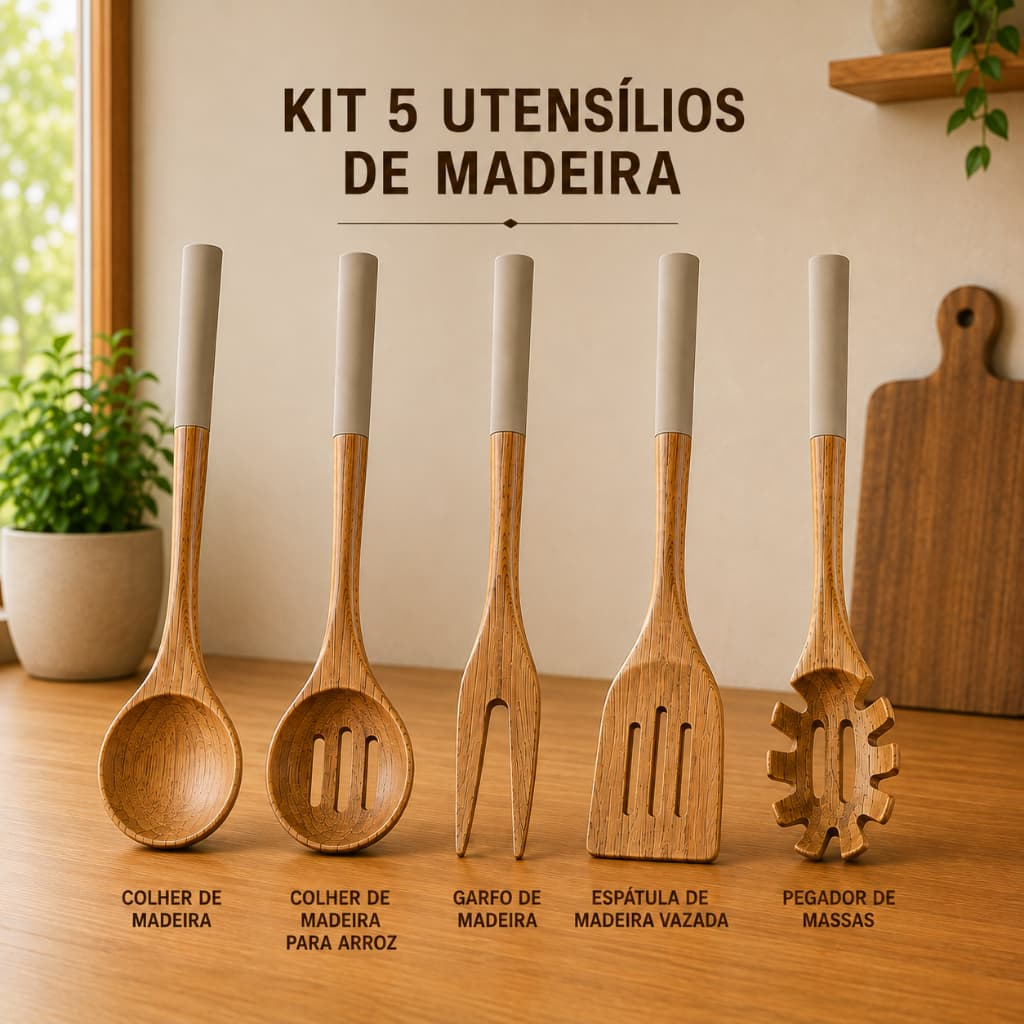 Jogo Utensílios de Cozinha em Madeira de Acácia James F. Cabo revestido de Silicone