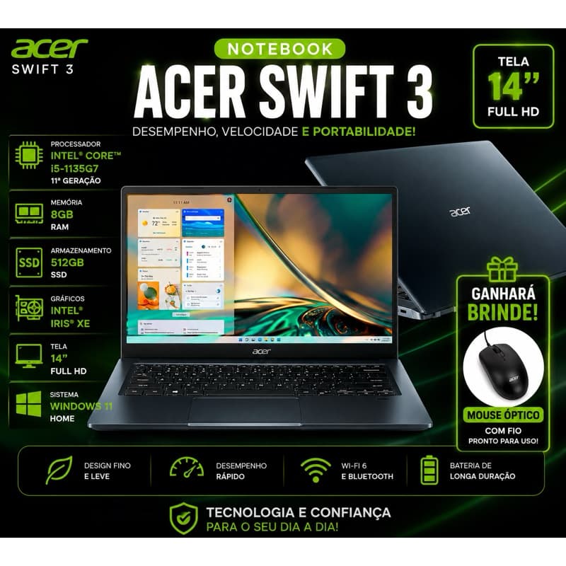 Notebook Acer Swift 3 Intel Core i5 11ª Geração 8GB RAM 512GB SSD Intel Iris Xe Win 11 Notebook para Estudos e Trabalho