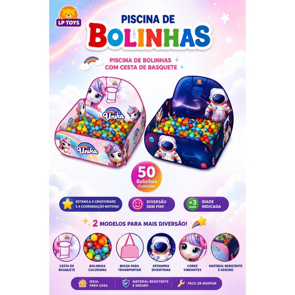 Barraca Infantil Dobrável Piscina com Bolinhas Coloridas Tema Unicórnios ou Astronautas