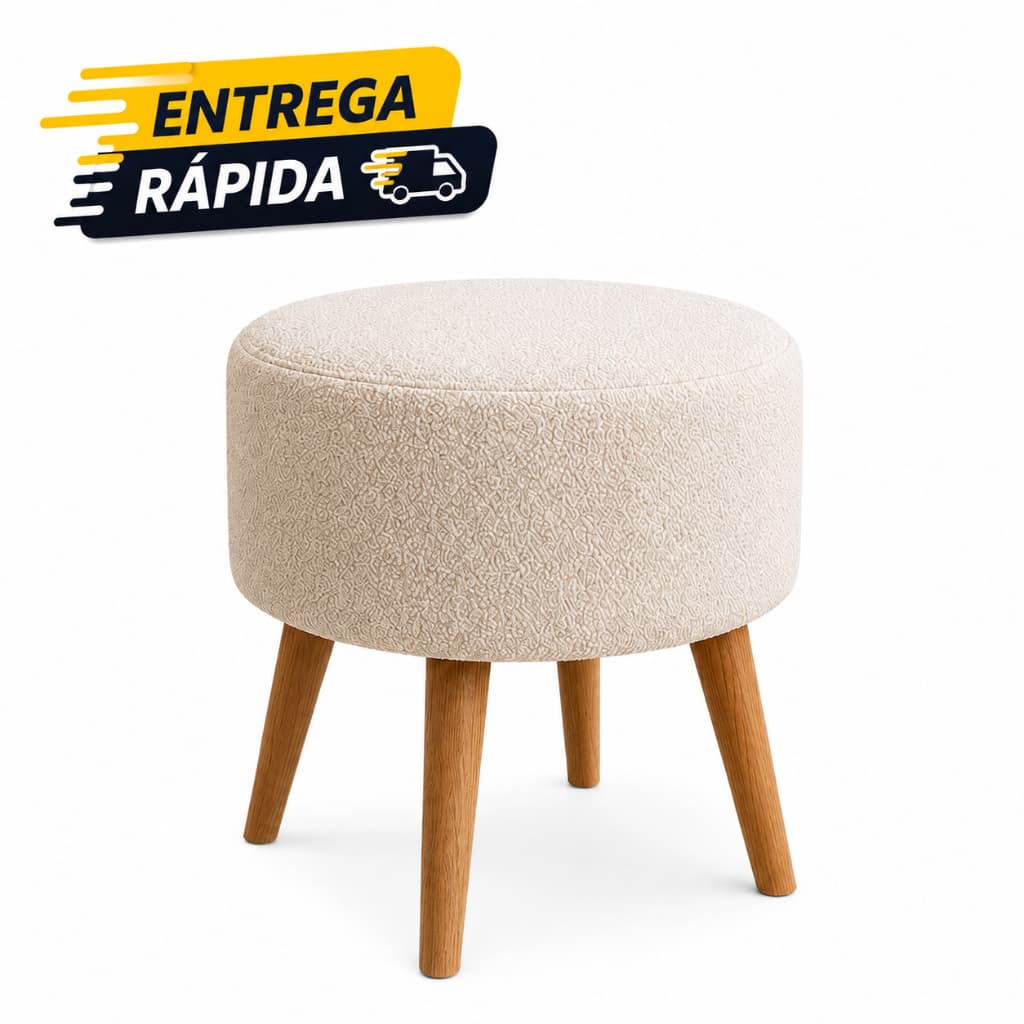 Puff Redondo Boucle Macio Pés Palito Madeira Charmoso e Aconchegante Sala Quarto Recepção Consultório