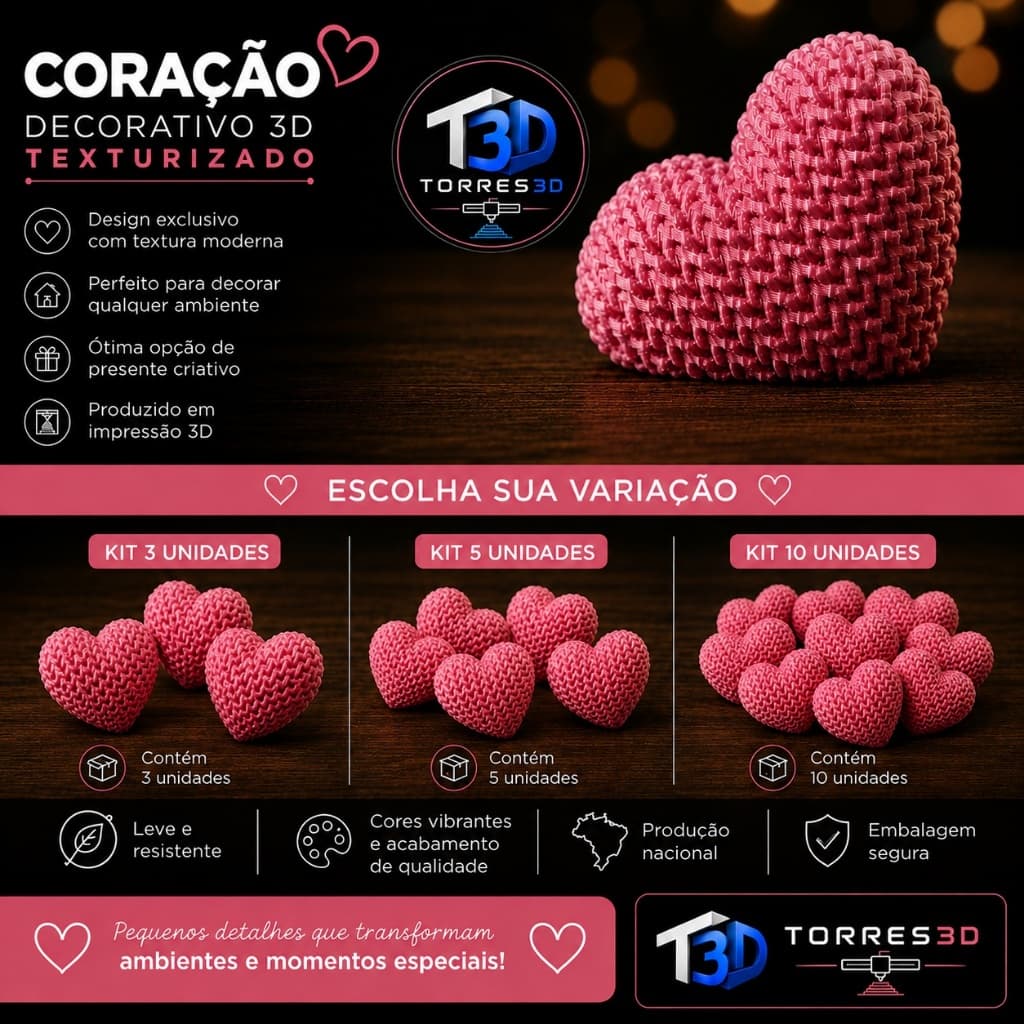 Porta Foto Coração 3D Texturizado - Porta Retrato Decorativo - Kit 3, 5 ou 10 Unidades
