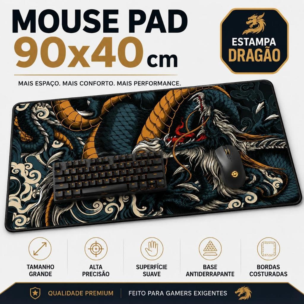 Mousepad Gamer 90x40 Extra Grande Antiderrapante Desk Pad Mouse Pad Grande Dragão Azul Speed/Control