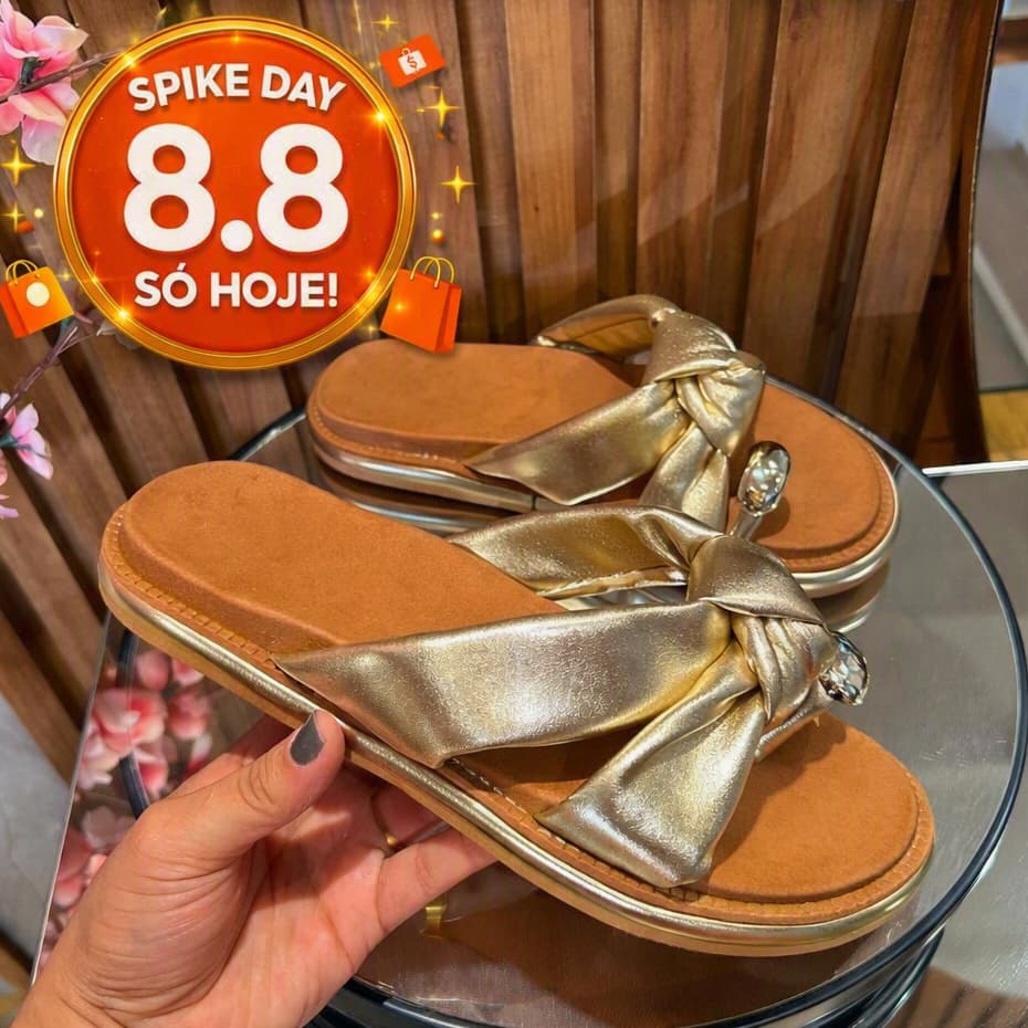OFERTA 8.8 SHOPEE Sandália Rasteira Feminina com Laço, Detalhe Dourado, Palmilha Macia e Solado Confortável para o Dia