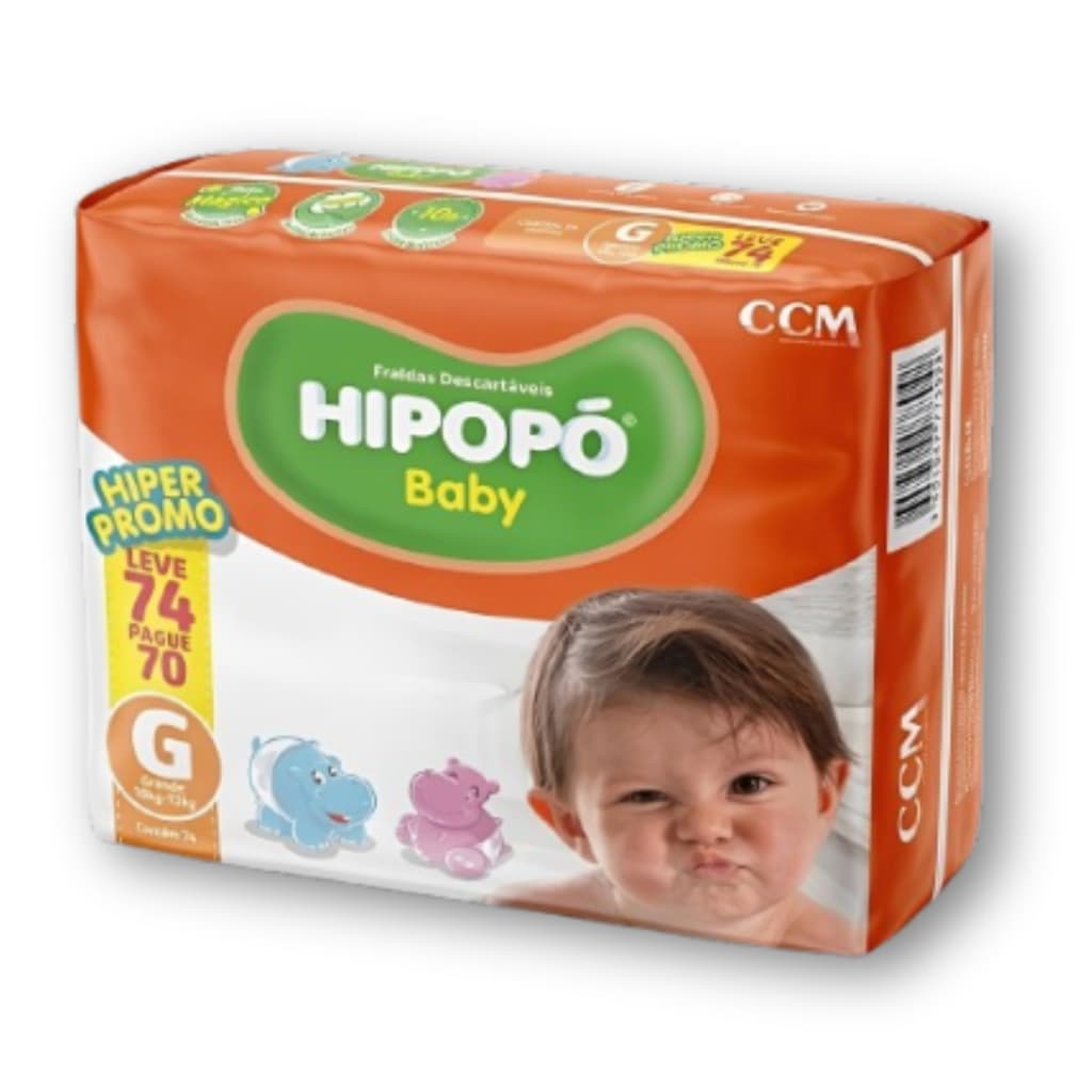 Fralda Descartável Hipopó Baby G Pacotão Hiper 74 Unid. Econômica