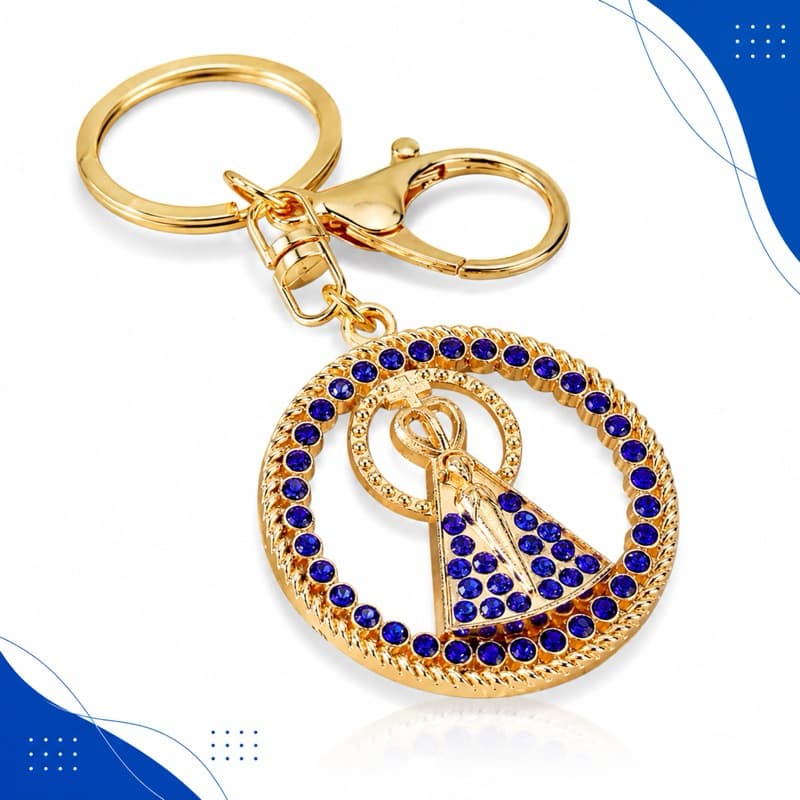 Chaveiro Nossa Senhora Aparecida Luxo Dourado com Strass Azul Resistente