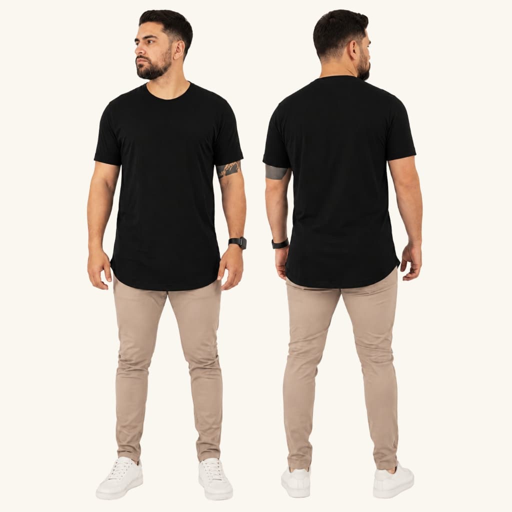 Camiseta Longline Masculina Preta Malha Premium Algodão Modelagem Alongada Barra Arredondada P ao G1