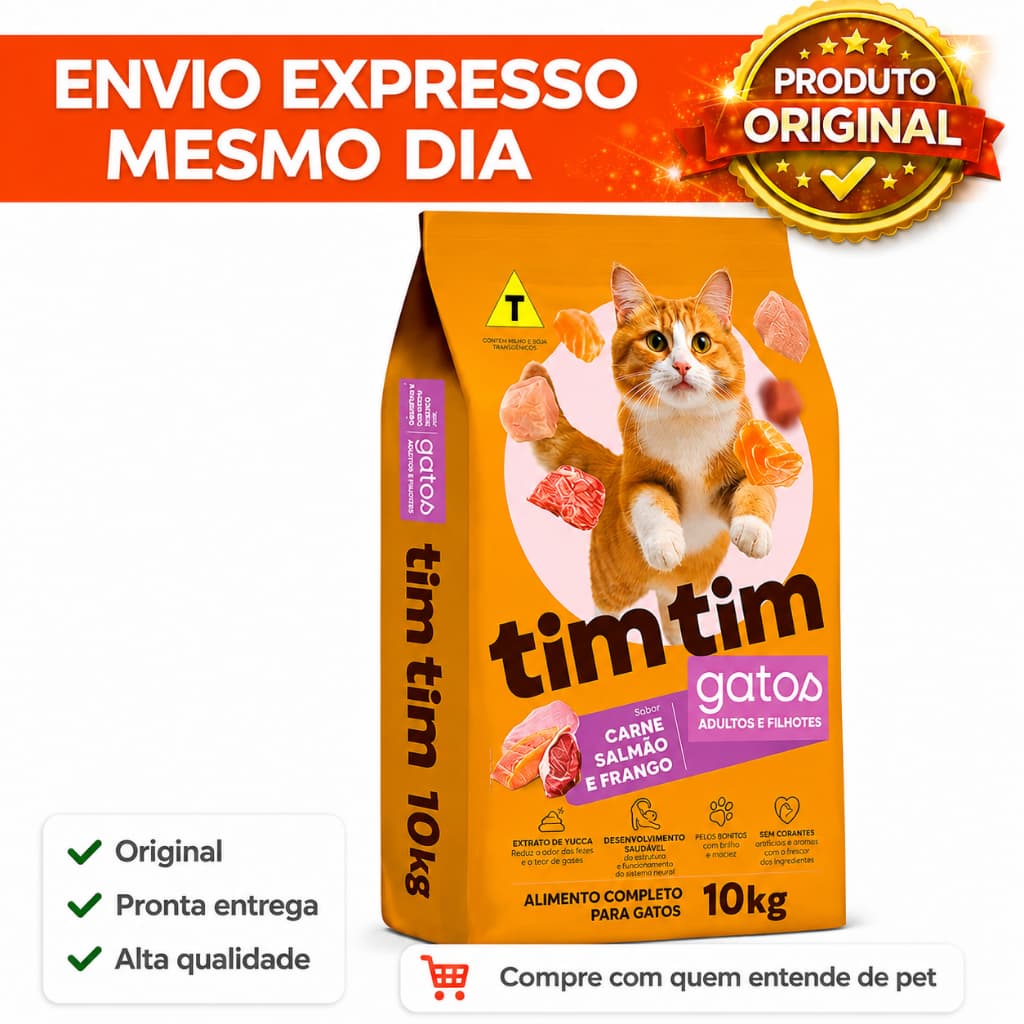 Ração Tim Tim Cat PREMIUM 10kg – Adultos e Filhotes | Carne, Salmão e Frango | Nutrição Completa