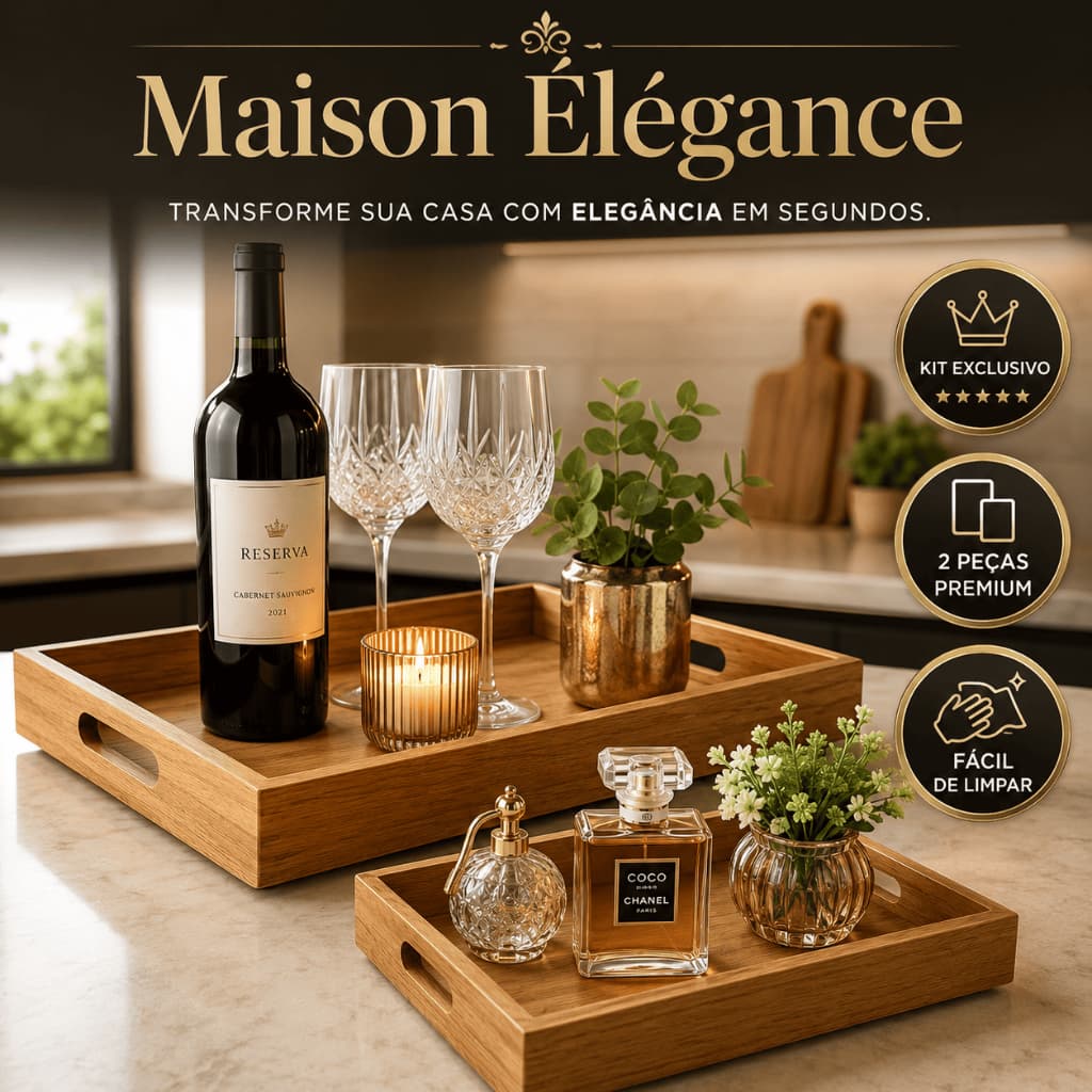 Kit 2 Bandejas Decorativas de Madeira Retangular Organizador Multiuso para Servir Café Banheiro Sala Cozinha Lavabo