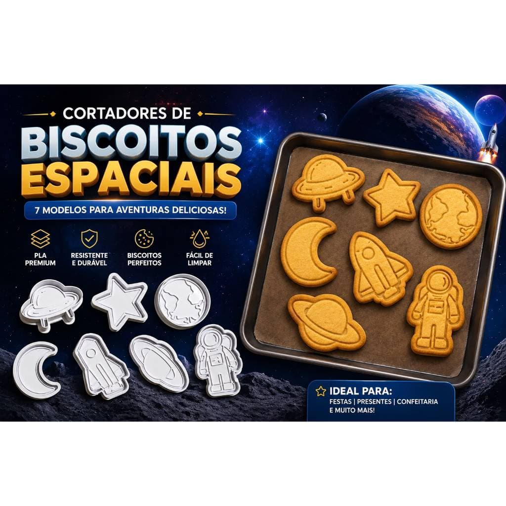 KIT 7 CORTADORES DE BISCOITO TEMA ESPACIAL ASTRONAUTA FOGUETE PLANETAS NAVE DECORAÇÃO FESTAS