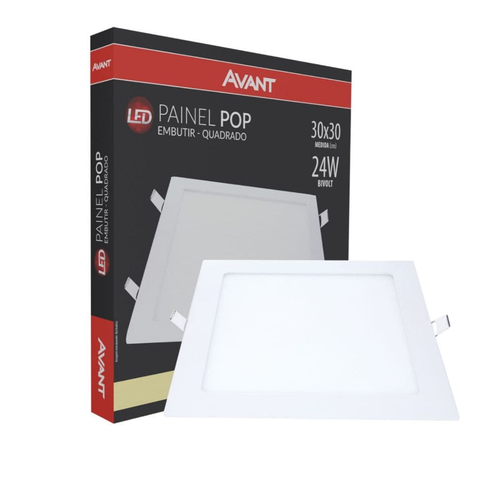 Painel LED Embutir 24W 4000K Avant Quadrado 29x29 Bivolt Branco Neutro Slim Alumínio 1680lm
