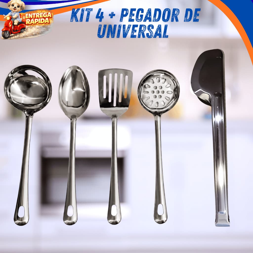 Kit 5 Utensílios Inox Pegador Universal 29cm Colher Arroz Concha Escumadeira Espátula Vazada Cozinha Buffet Churrascaria