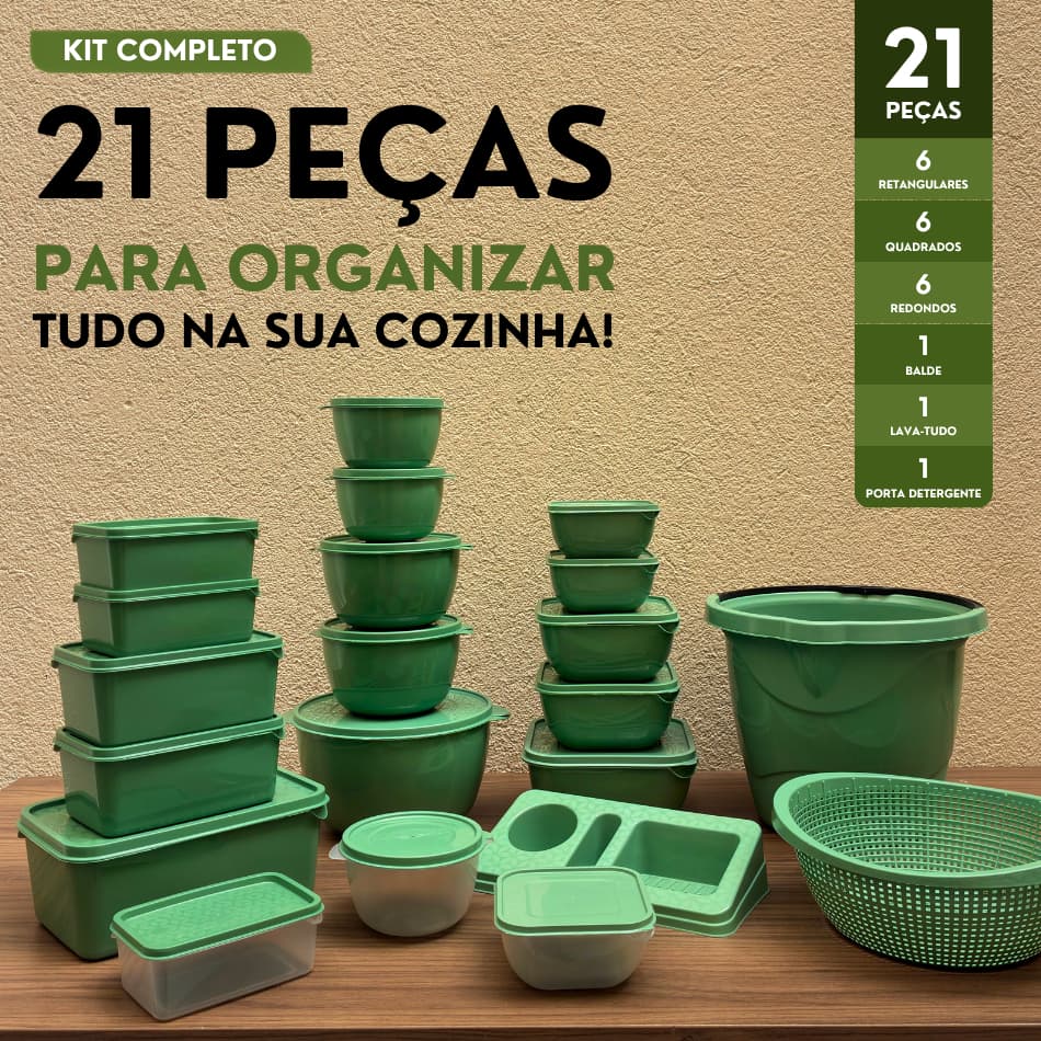 Kit 21 Peças Cozinha Completa com Potes Plásticos Herméticos Vasilhas Organizador Balde Porta Detergente