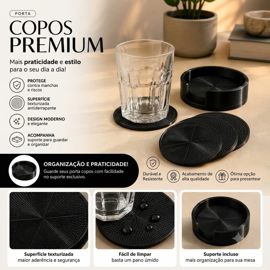 Kit 4 Porta Copos com Suporte Organizador Antiderrapante Texturizado para Mesa