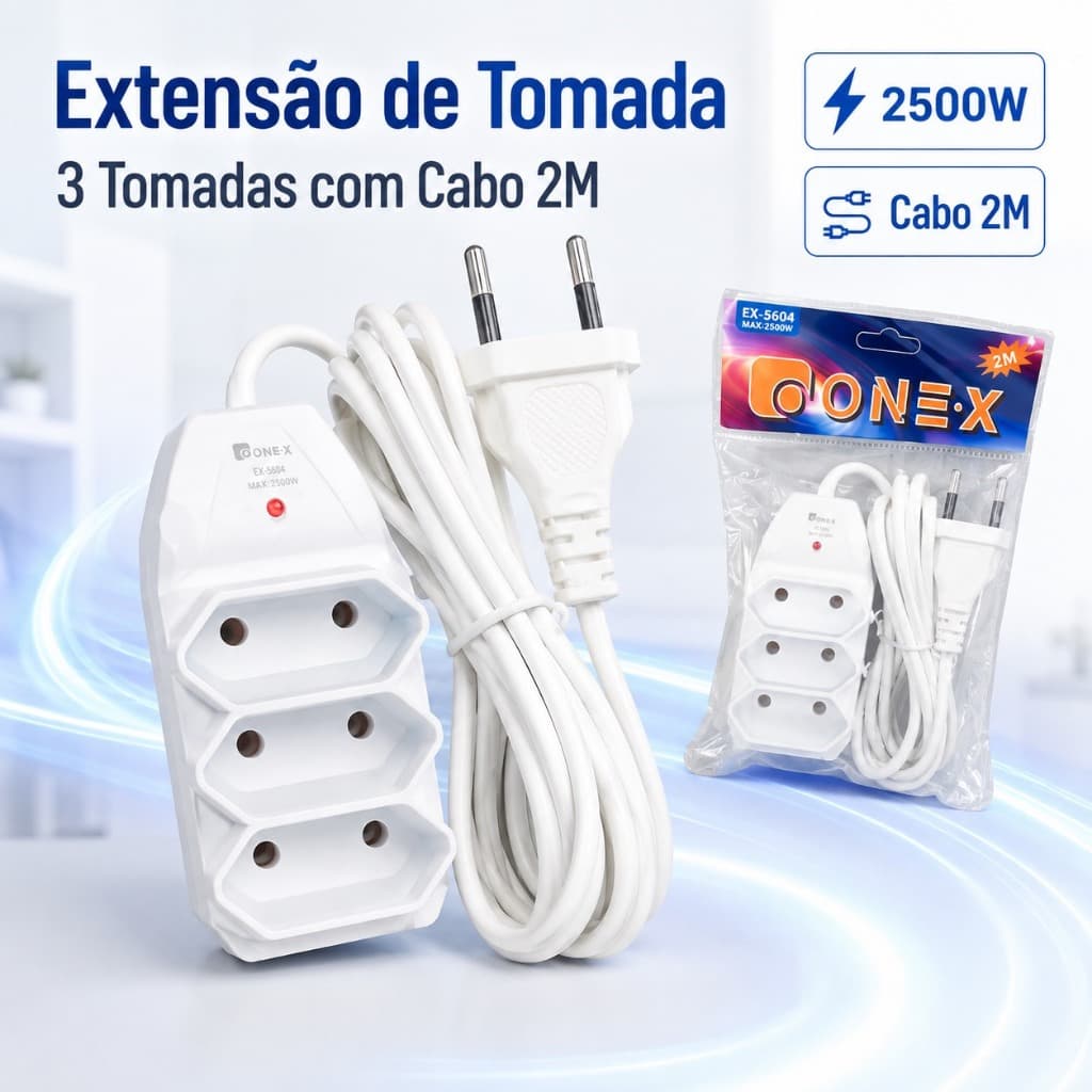 Extensão Elétrica 2 Metros Branca Extensão Compacta Tripolares Energia 3 Tomadas bivolt