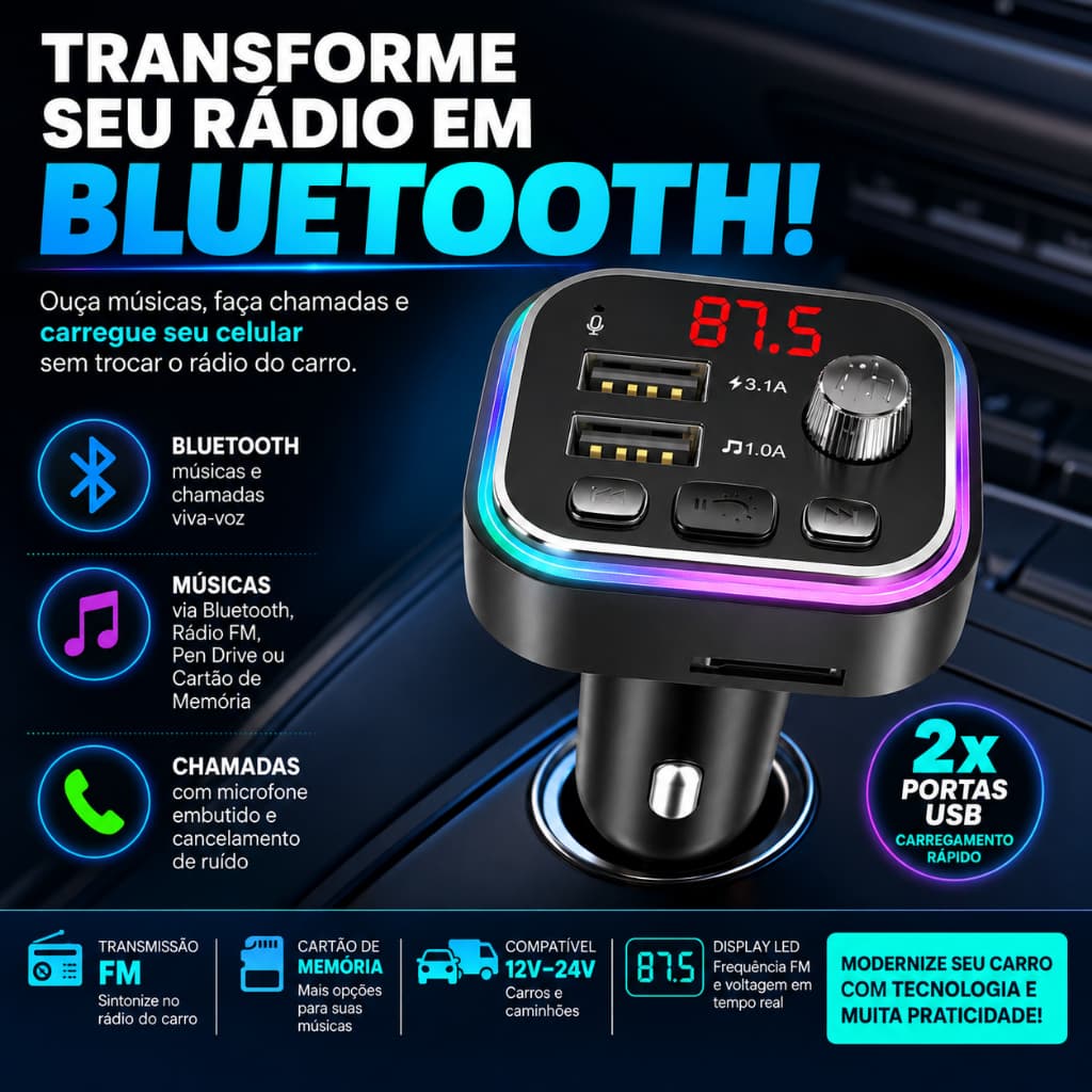 Carregador Transmissor Veicular MP3 Player Bluetooth 02 Portas USB
