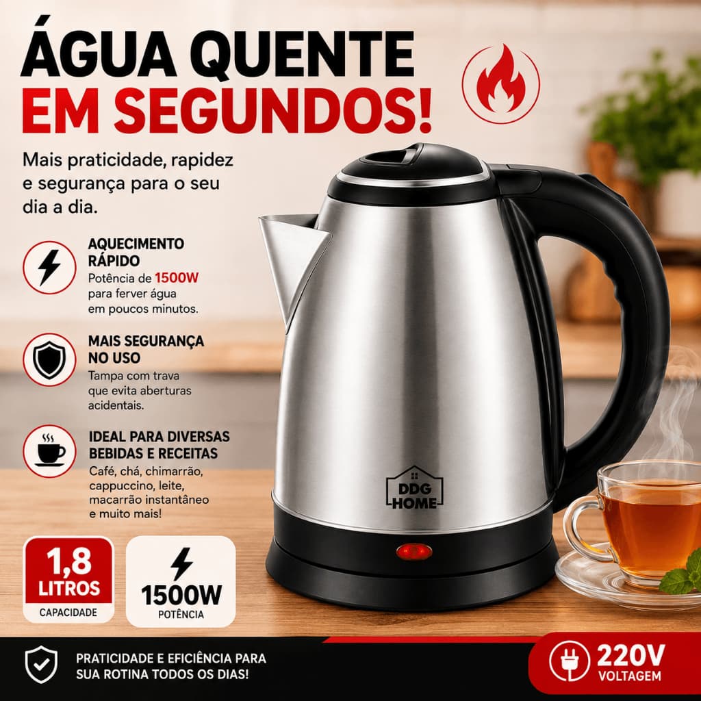 Chaleira Elétrica Inox 220V 1,8L Aço Inox Premium Base 360° Desligamento Automático café chá
