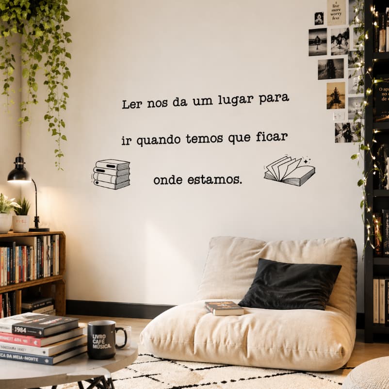 🖤 ADESIVO DE PAREDE FRASE + LIVROS | DECORAÇÃO PARA CANTINHO DE LEITURA