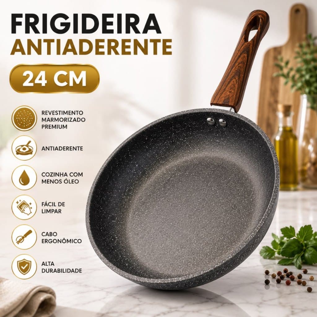 Frigideira Antiaderente 24cm Indução e Gás Frita Sem Óleo Revestimento Cerâmico Não Gruda