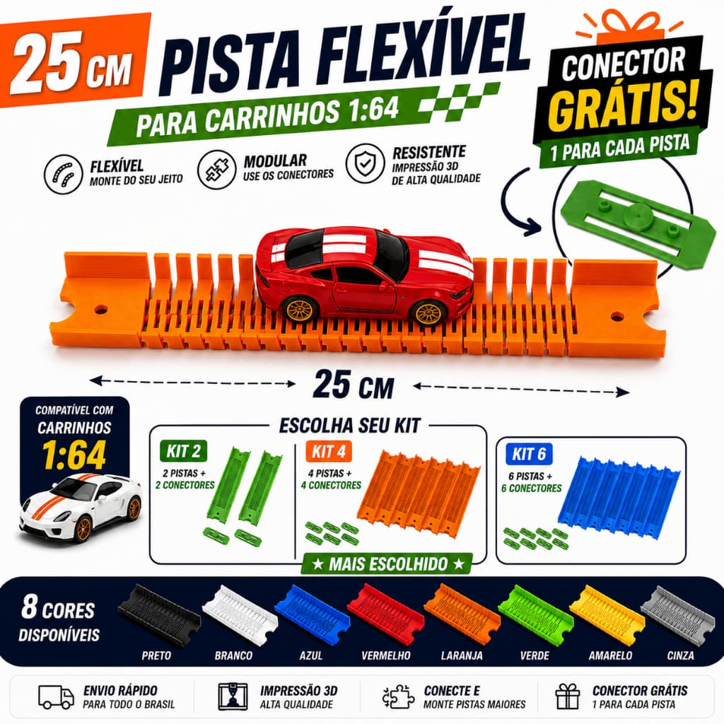 Pista Flexível 25 cm para Carrinhos 1:64 Kit 2 4 ou 6 Pistas | Com Conectores | Compatível hotweels