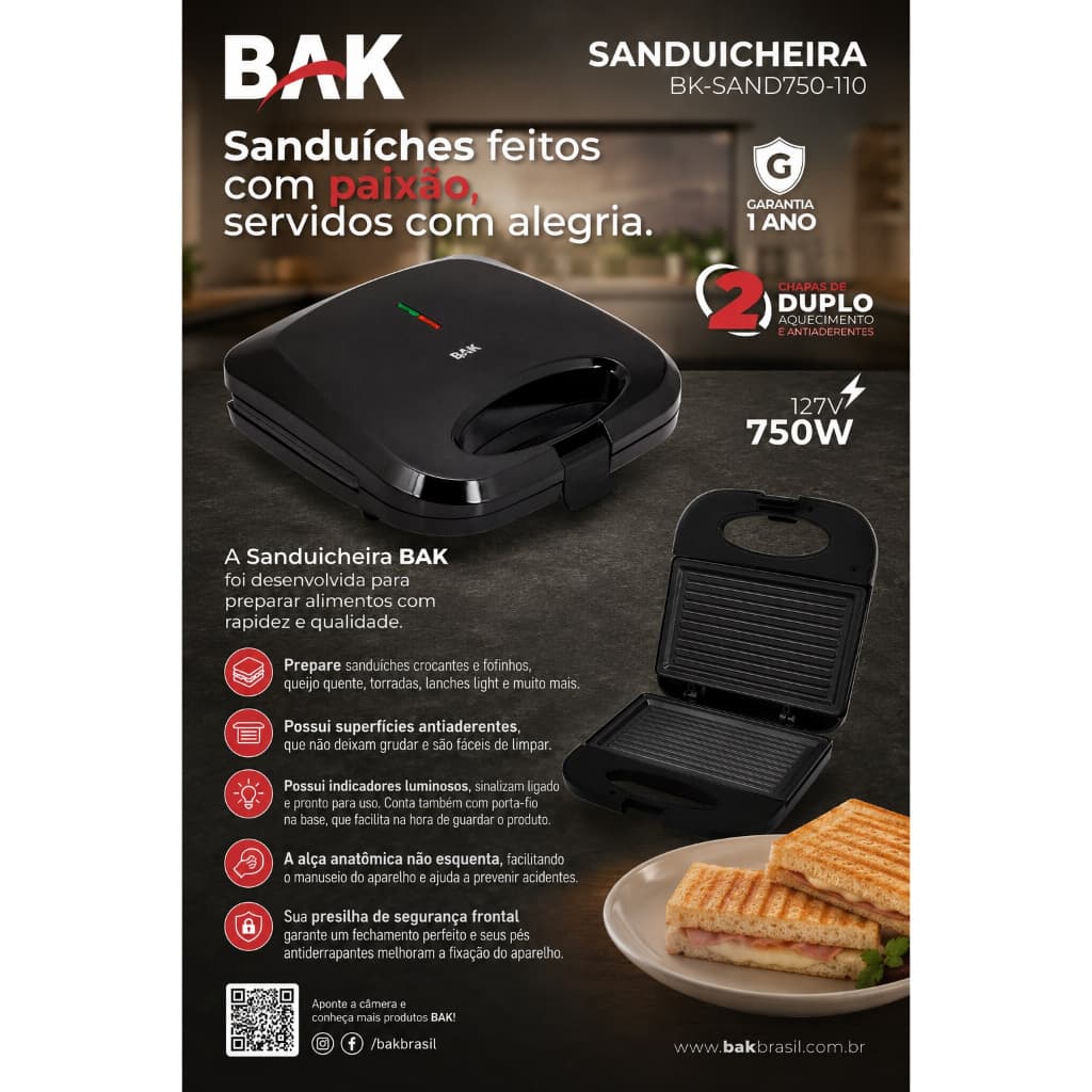 Sanduicheira Grill Bak 750W 127V Chapa Antiaderente Dupla Premium Aquecimento Rápido Perfeito para Lanches