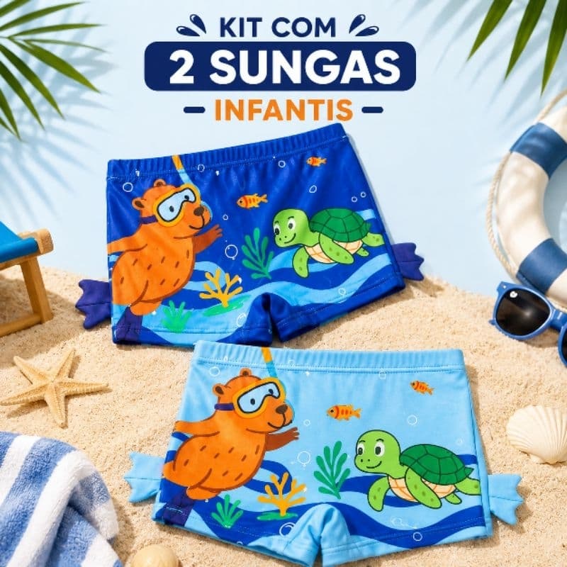 Sunga Infantil Kit Com 2 Menino Praia Piscina Boxer Cordão Ajustável Forro Duplo Confortável