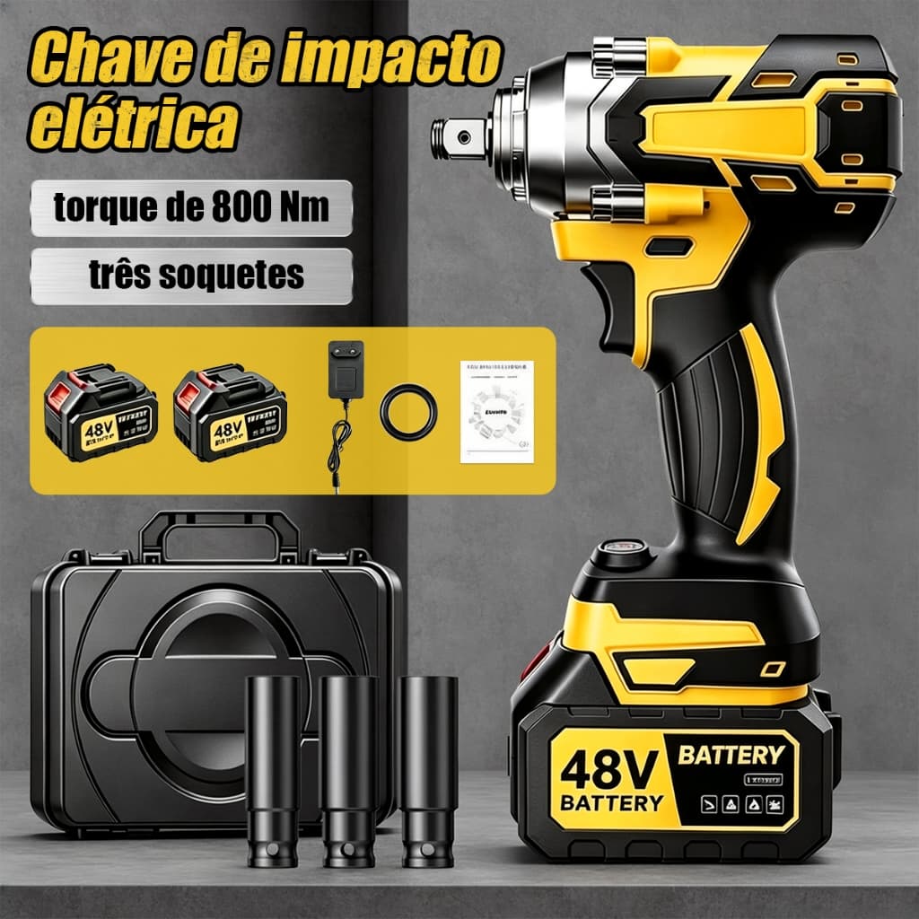 Chave de Impacto Profissional 48V 800Nm Alta Potência, 2 Baterias, 3 Soquetes 17/19/21mm e Maleta