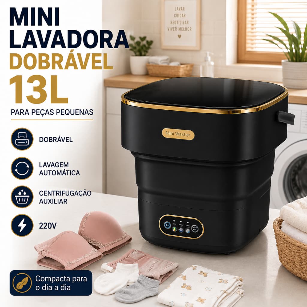 Mini Máquina de Lavar Roupas Portátil 13L Dobrável 220V para Roupas Íntimas Automática