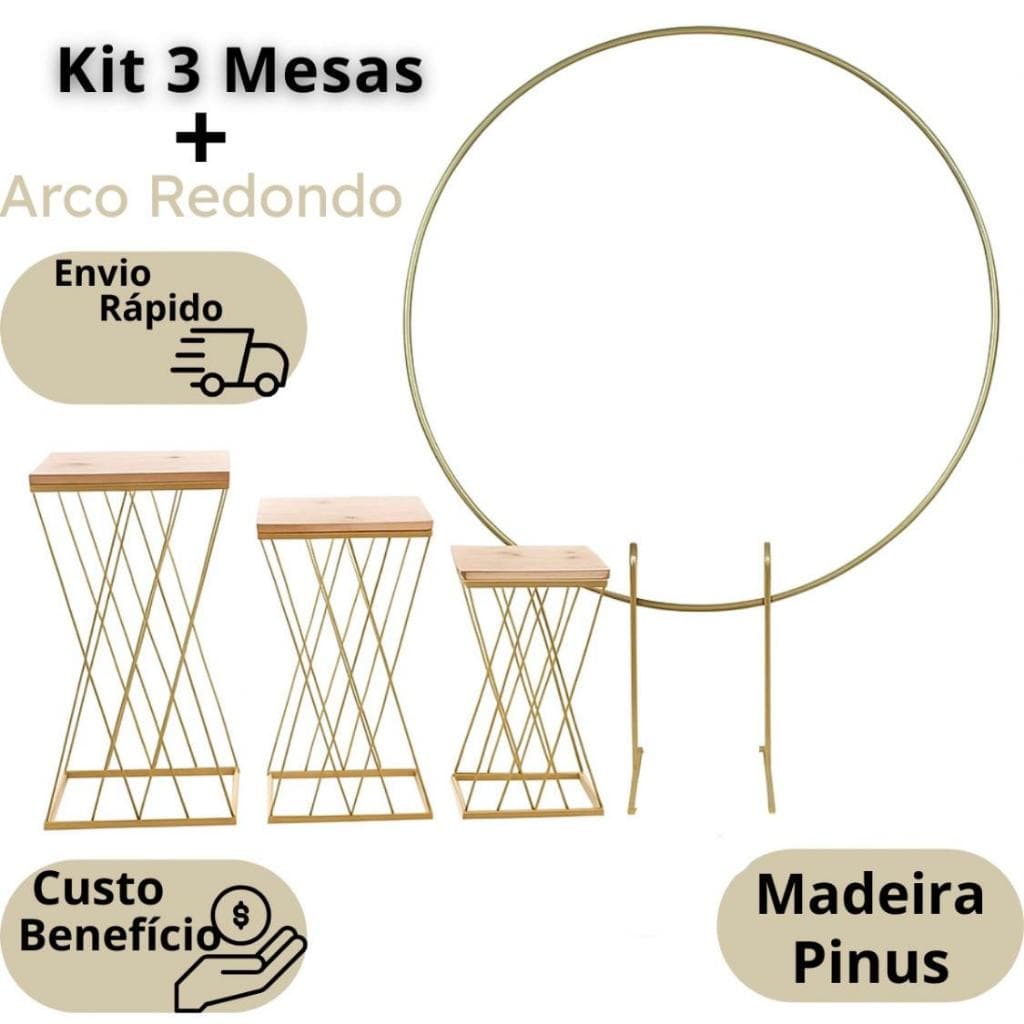 Kit 3 Mesas Em Ferro Treliça Cruzada + Painel Arco Redondo Desmontável Decoração de Festa Promoção