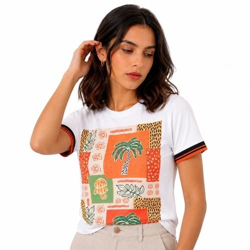 Blusa Feminina Estampada Manga Curta Soltinha Gola Redonda Casual
