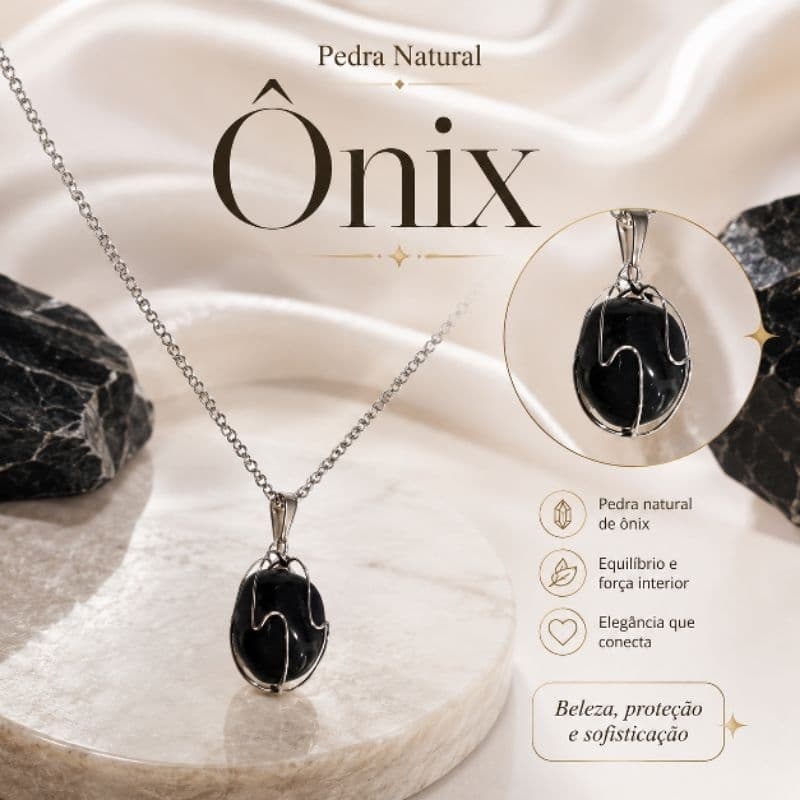 Colar de Ônix, Pedra Polida, Pedras Natrurais, Trabalhada, Corrente de Aço Inox