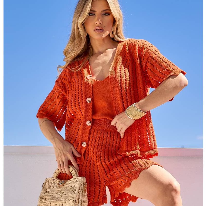 Conjunto Feminino 3 Peças Tricot Shorts Camisa Rendada Regata Lisa Roupa Feminina Elegante