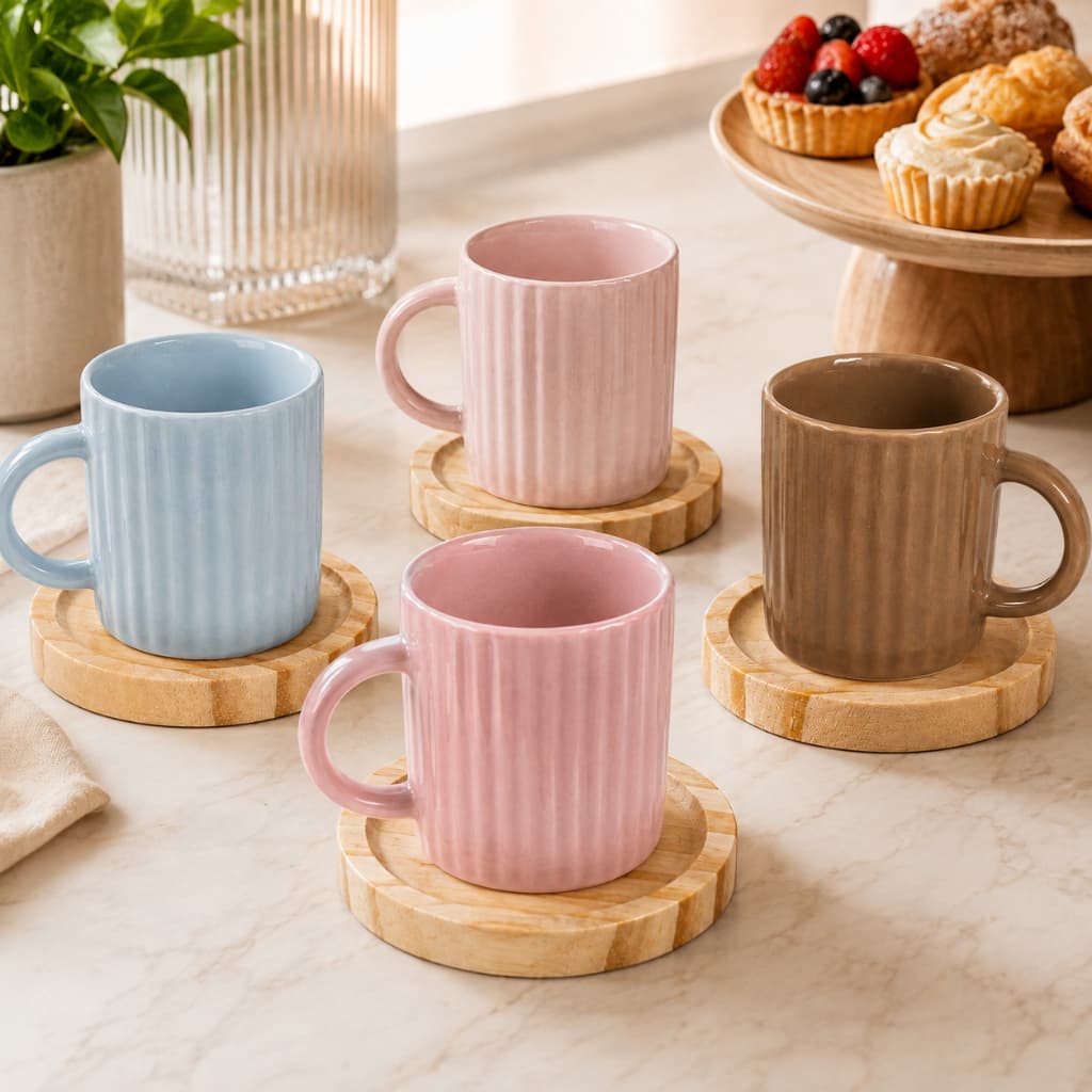 Kit 4 Xícaras Porcelana Stripes Sortidas 210ml com Pires Pinus Café Chá Cappuccino Caneca