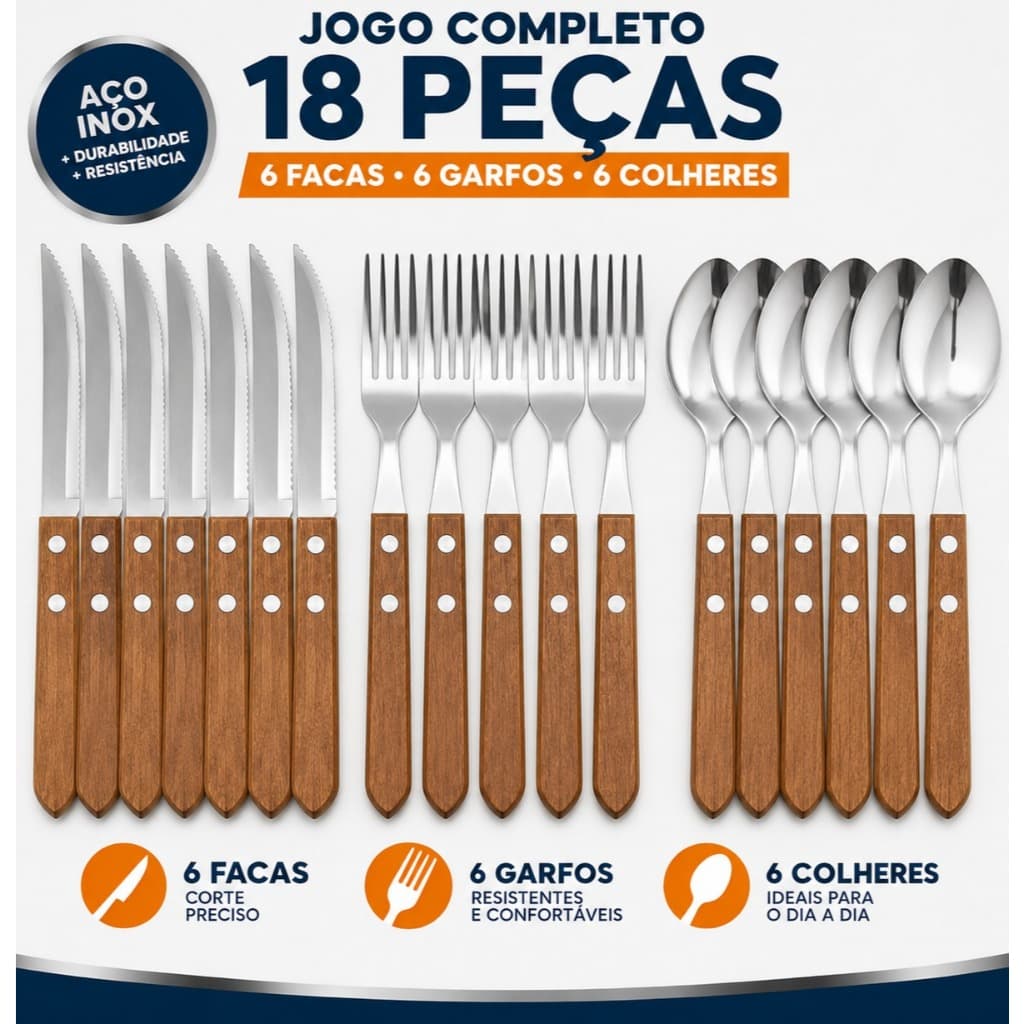 Kit Talheres 18 Peças Aço Inox Cabo de Madeira Faca Garfo Colher