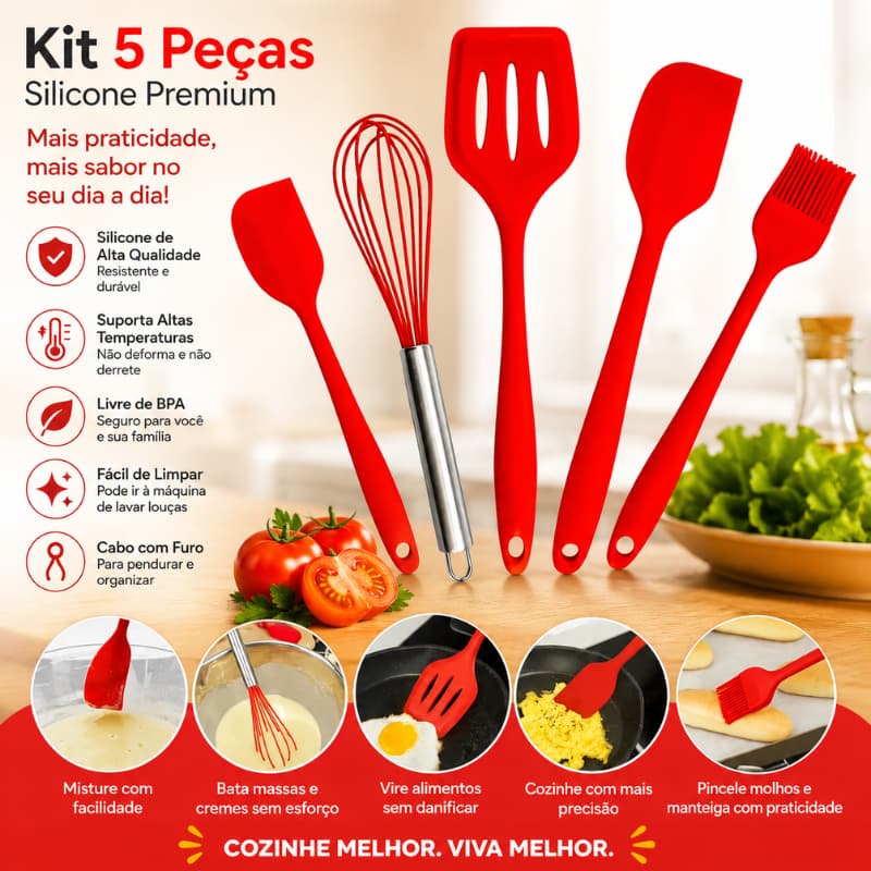 Kit Utensílios de Cozinha Silicone 5 Peças – Conjunto Completo para Cozinhar – Sortido espatula