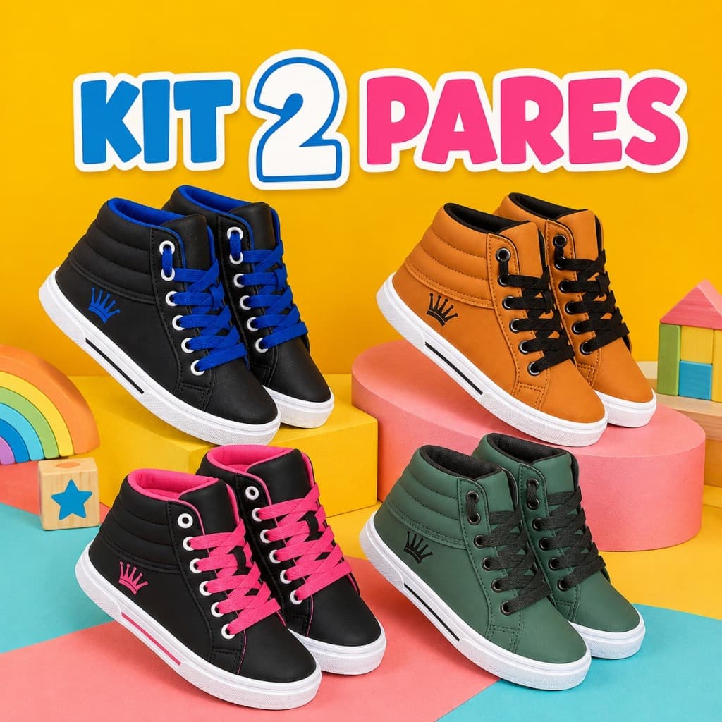 Kit 2 Pares Tênis Infantil Premium Cano Alto Leve Resistente e Moderno