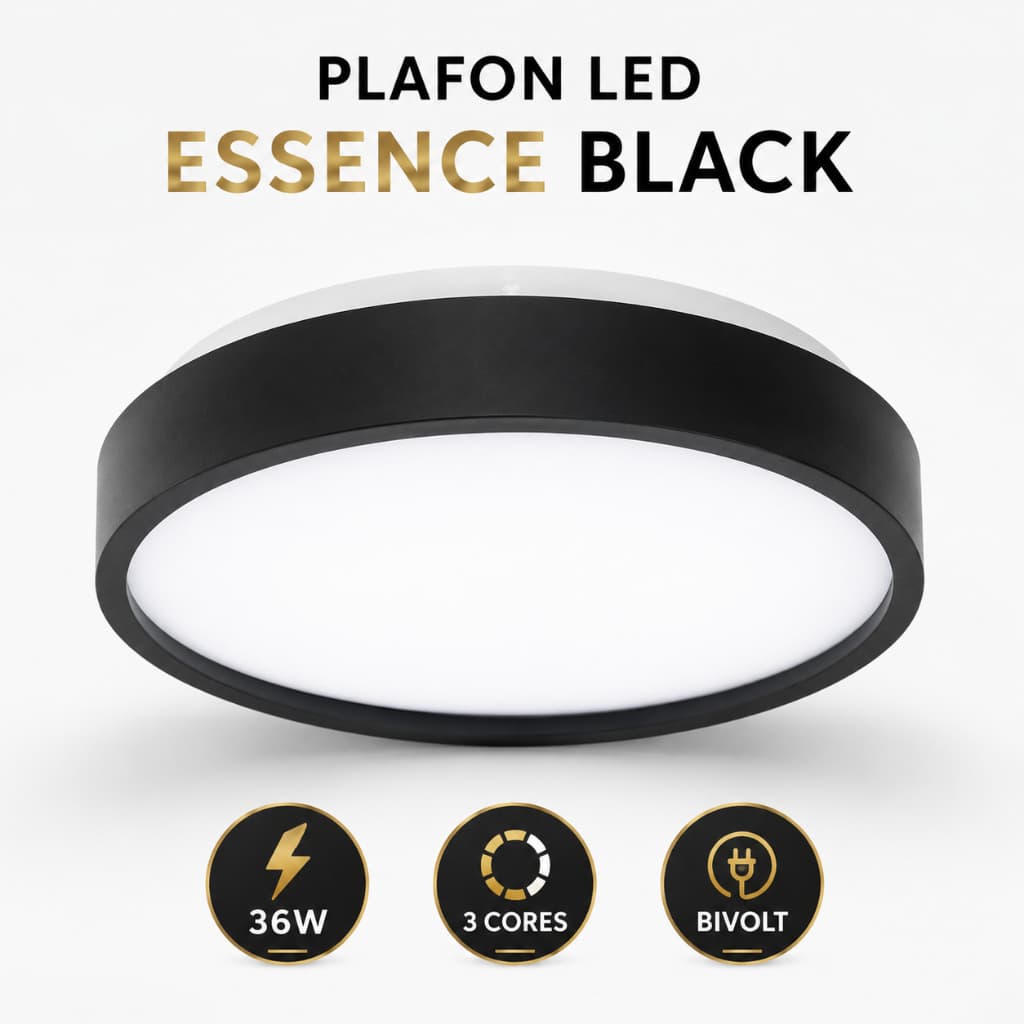 Plafon Luminária Essence Black Preto LED 36W Multicolor 3 em 1 Bivolt 34 cm Bivolt Disoma