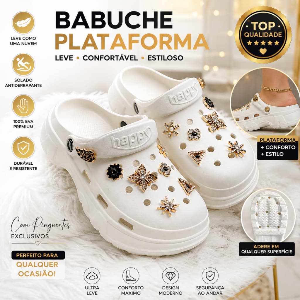 Babuche Plataforma Feminina com Pingentes 100% EVA Leve Macia Confortável Antiderrapante