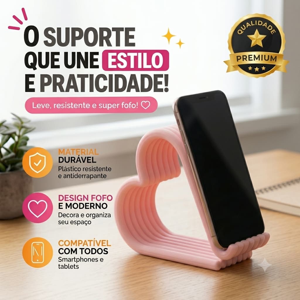 Suporte para Celular de Mesa Coração Ondulado Aesthetic Desk Setup Cute Gamer Decorativo para iPhone Samsung Tablet