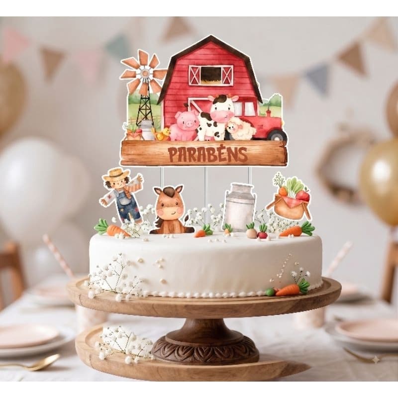Topo de bolo fazenda fazendinha animais fofinhos envio imediato escrita Parabéns sem personalização festa aniversário